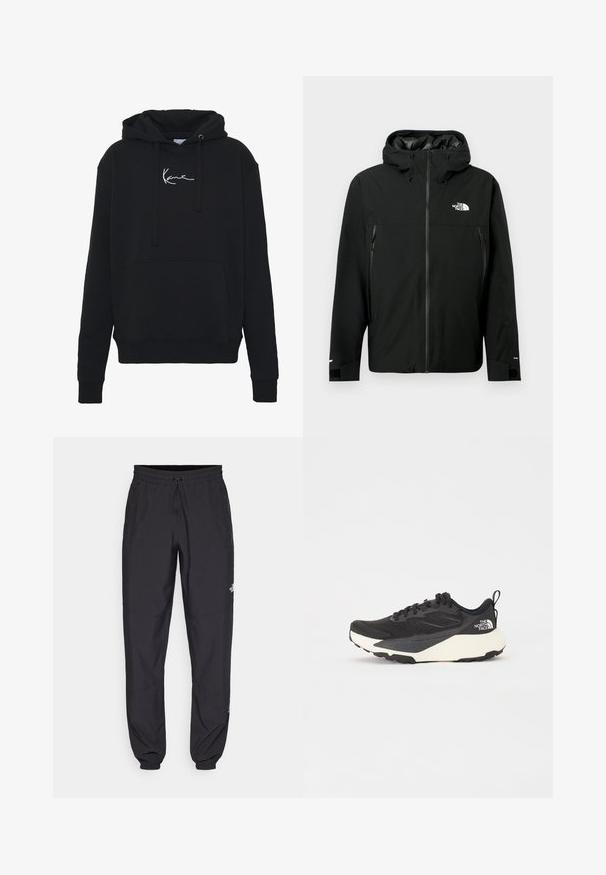 Čierna kapucňová bunda so zipsom vpredu, dvoma zipsovými bočnými vreckami, nastaviteľnými manžetami a logom na hrudi. Hladká textura a vodoodpudivý materiál.; Čierna mikina s kapucňou vyrobená z mäkkej tkaniny, má prednú kapsu, šnúrky a biele vyšívanie loga na hrudi. Klasický strih a rebrované manžety.; Čierne športové nohavice vyrobené z ľahkej tkaniny, s elastickým pásom na šnurovanie, bočnými vreckami a zúženými manžetami na členkoch.; Čierna atletická obuv s textúrovaným sieťovinovým vrchom, pevným čiernym akcentom a bielou ľahkou podrážkou. Obsahuje šnurovací systém a pútko.