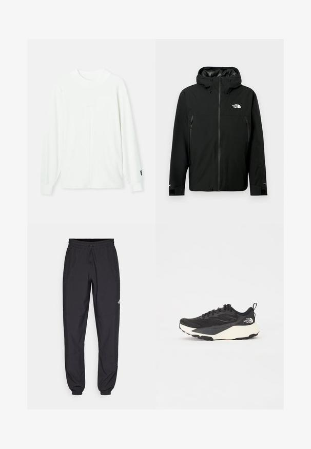 Giacca nera con cappuccio, chiusura con zip frontale, due tasche laterali con zip, polsini regolabili e logo sul petto. Tessuto liscio e materiale impermeabile.; Pullover bianco a maniche lunghe con scollo rotondo, polsini a costine e una cucitura centrale che scorre verticalmente lungo la parte frontale. Tessuto morbido.; Pantaloni sportivi neri realizzati in tessuto leggero, con vita regolabile con cordino, tasche laterali e orli affusolati alle caviglie.; Scarpa da allenamento nera con tomaia in mesh testurizzato, dettagli neri solidi e suola leggera bianca. Presenta chiusura con lacci e un tab di pull.