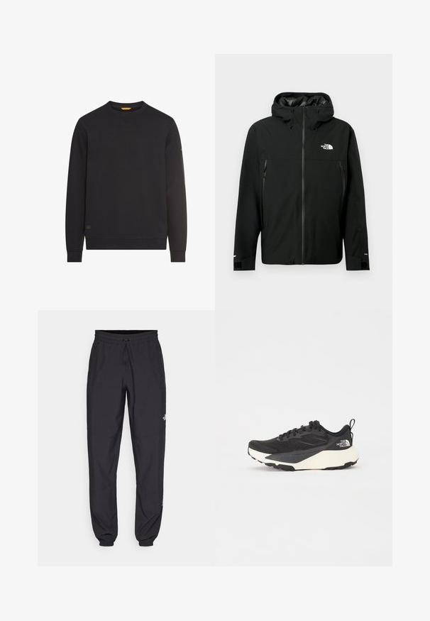 Zwarte hoodie met rits aan de voorkant, twee ritszakken aan de zijkanten, verstelbare manchetten en een logo op de borst. Gladde textuur en waterdicht materiaal.; Zwarte crewneck sweatshirt met lange mouwen, ribgebreide boorden en zoom, klein logopatch nabij de zoom en subtiel logo op de linkermouw.; Zwarte sportieve broek gemaakt van lichtgewicht stof, met een trekkoord in de taille, zijzakken en taps toelopende boorden bij de enkels.; Zwarte sportieve schoen met een gestructureerde mesh bovenkant, solide zwarte accenten en een lichte witte buitenzool. Voorzien van vetersluiting en een treklus.