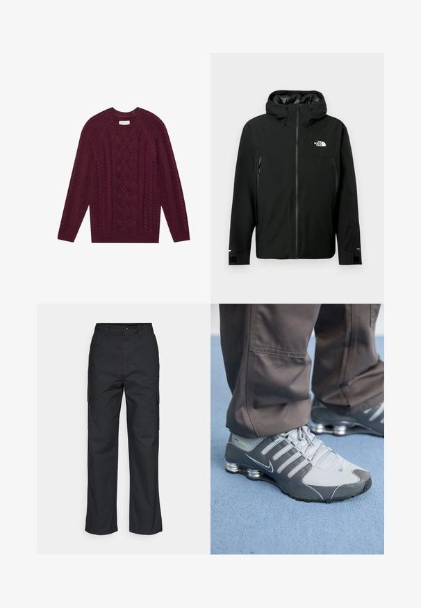Veste à capuche noire avec fermeture éclair sur le devant, deux poches latérales zippées, poignets réglables et un logo sur la poitrine. Texture lisse et matériau imperméable.; Pull en maille bordeaux avec un design de câbles texturés, col rond côtelé et manches longues, fait en fil doux et épais.; Pantalons cargo noirs avec une coupe droite, dotés de poches latérales et d'un tissu texturé. Fermeture par bouton à la taille pour un maintien sécurisé.; Des baskets Nike Shox grises et argentées présentent un design élégant, avec des matériaux en mesh et synthétiques, un bout arrondi et un col rembourré.
