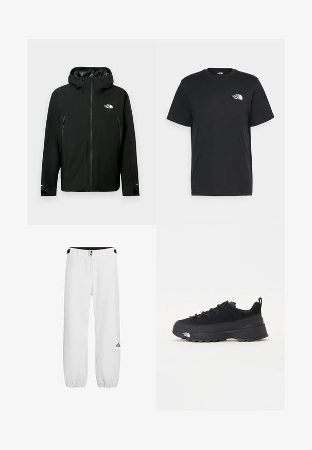 Čierna kapucňová bunda so zipsom vpredu, dvoma zipsovými bočnými vreckami, nastaviteľnými manžetami a logom na hrudi. Hladká textura a vodoodpudivý materiál.; Čierne bavlnené tričko s krátkymi rukávmi, klasickým výstrihom a malým bielym logom na ľavej hrudi. Jednoduchý dizajn, hladká textúra a voľný strih.; Biele nohavice s priliehavým pásom, dvoma kovovými gombíkmi a elastickými manžetami. Obsahuje trojuholníkové logo na ľavom stehne. Hladká textúra látky.; Čierne vonkajšie tenisky so zvrškom z semišu, štruktúrovanou gumovou podrážkou a pevným šnurovaním. Obsahujú vystužený opätok a logo značky na boku.