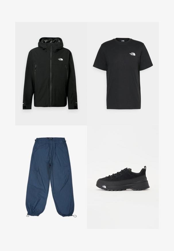 Melna kapuce jaka ar rāvējslēdzēju priekšpusē, divām sānu kabatām ar rāvējslēdzējiem, regulējamiem aproces galiem un logotipu uz krūšu. Gluda tekstūra un ūdensizturīgs materiāls.; Melna kokvilnas T-krekls ar īsām piedurknēm, apaļu kakla izgriezumu un mazu balto logotipu kreisajā krūtīs. Vienkāršs dizains, gluda tekstūra un brīvs piegriezums.; Zili, viegli bikses ar elastīgu jostasvietu, sānu kabatām un sašaurinātiem piedurkņu galiem. Audumam ir gluda tekstūra ar minimāli redzamām šuvēm.; Melni āra sporta apavi ar zamšādas virsu, teksturētu gumijas zoli un izturīgu auklu sistēmu. Iezīmēts ar pastiprinātu papēdi un zīmola logo sānu daļā.