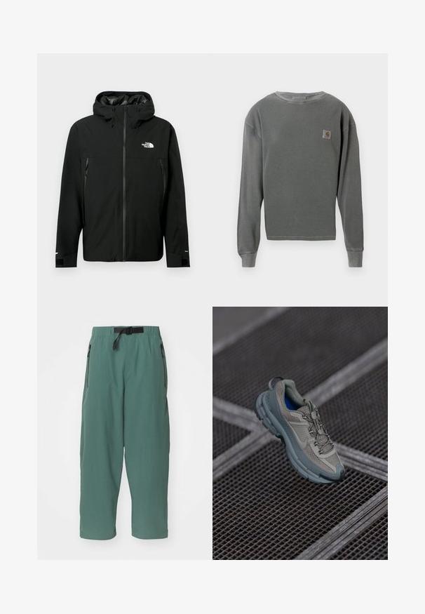 Črna kapuca s prednjim zadrgo, dvema zadrgo stranskima žepoma, nastavljivimi manšetami in logotipom na prsih. Gladka tekstura in vodoodporen material.; Siv svečani pulover z dolgimi rokavi in ribastim teksturo, ki ima majhen kvadratni logotip na levem prsnem delu in ribaste manšete.; Zelene, lahke hlače ohlapnega kroja. Imajo nastavljiv pas in dva žepa z zadrgo na straneh. Gladka tekstura, skrajšana dolžina.; Bež in siva športna čevlja z teksturiranim mrežastim zgornjim delom, okroglem nosu in gumijastim podplatom, opremljena z vezalkami in oblazinjenim ovratnikom.