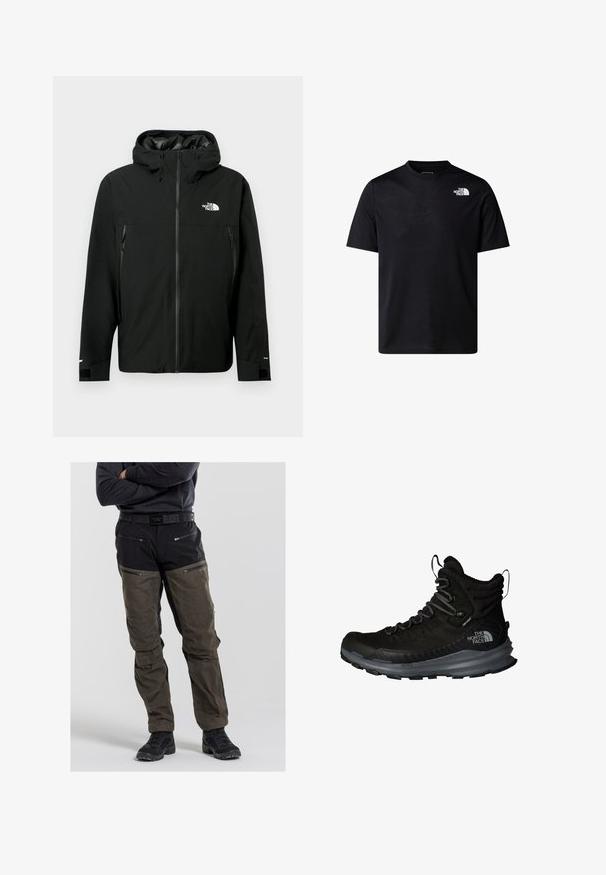 Black hooded jacket with zip front, two zippered side pockets, adjustable cuffs, and a logo on the chest. Smooth texture and waterproof material.; Black short-sleeve t-shirt made of cotton blend, featuring a round neck and a small white logo on the upper left side. Smooth texture.; Men's outdoor pants in black and olive green. Made of durable fabric with zippered pockets and reinforced knee areas. Belt included.; The North Face VECTIV FASTPACK INSULATED WP - Hiking shoes - tnf black vanadis grey