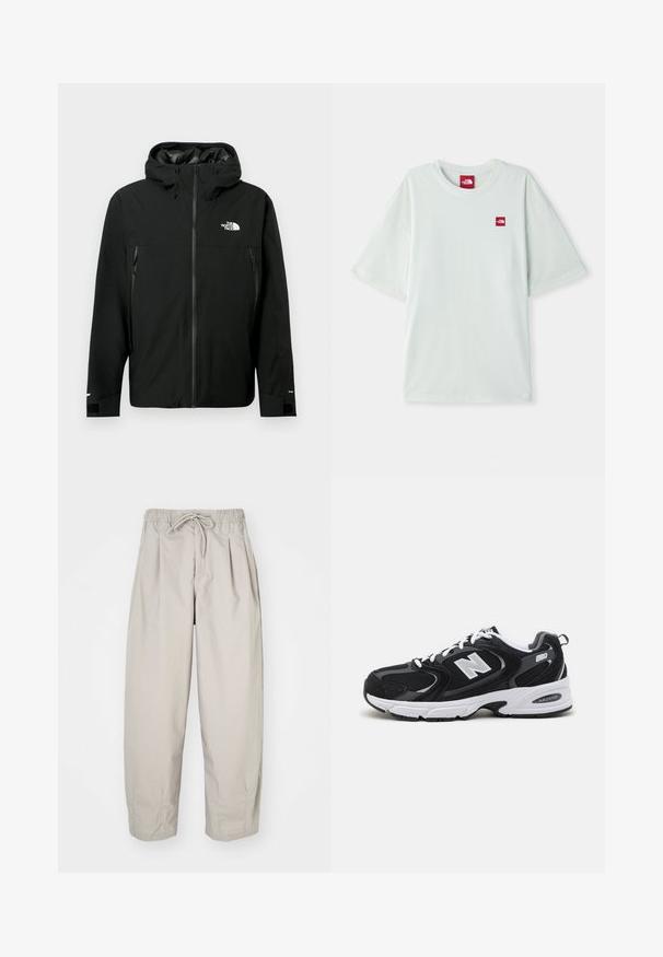 Fekete kapucnis dzseki cipzárral az elején, két cipzáras oldalzsebbel, állítható mandzsettákkal és logóval a mellrészen. Sima textúrájú és vízálló anyagú.; Világoszöld, rövid ujjú póló, puha pamutból készült, bal mellkasán egy kis piros logó címkével. Laza szabású és kerek nyakkivágású.; Beige, könnyű nadrág, rugalmas derékkal és zsinórral. Ráncokkal és laza szabással rendelkezik, puha, sima anyagból készült.; Fekete és szürke sportcipők hálós és velúr felsőrésszel, fehér középtalppal, fűzős megoldással és egy merész "N" logóval az oldalon.