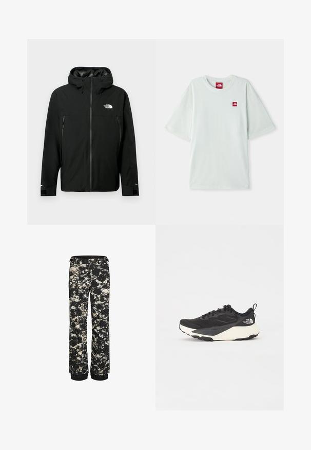 Černá kapucí s zipem vpředu, dvě boční kapsy na zip, nastavitelné manžety a logo na hrudi. Hladký povrch a voděodolný materiál.; Svetle zelené tričko s krátkým rukávem vyrobené z měkké bavlny, s malou červenou nášivkou umístěnou na levé části hrudi. Volný střih a kulatý výstřih.; Černé nepromokavé lyžařské kalhoty s flekatým vzorem v krémových a hnědých tónech. Vybaveny elastickým lemem a nastavovacím pasem.; Černá sportovní bota s texturovaným síťovaným svrškem, solidními černými akcenty a bílou lehkou podrážkou. Vybavena šněrováním a poutkem.