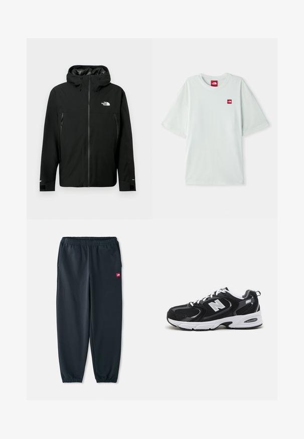 Fekete kapucnis dzseki cipzárral az elején, két cipzáras oldalzsebbel, állítható mandzsettákkal és logóval a mellrészen. Sima textúrájú és vízálló anyagú.; Világoszöld, rövid ujjú póló, puha pamutból készült, bal mellkasán egy kis piros logó címkével. Laza szabású és kerek nyakkivágású.; Fekete jogging nadrág sima anyagból, rugalmas derékkal, bokakivágással és egy kicsi piros logóval az oldalon.; Fekete és szürke sportcipők hálós és velúr felsőrésszel, fehér középtalppal, fűzős megoldással és egy merész "N" logóval az oldalon.