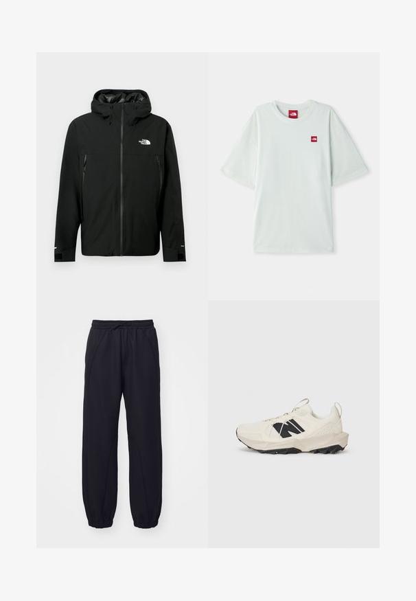 Čierna kapucňová bunda so zipsom vpredu, dvoma zipsovými bočnými vreckami, nastaviteľnými manžetami a logom na hrudi. Hladká textura a vodoodpudivý materiál.; Svetlozelené tričko s krátkymi rukávmi vyrobené z mäkkého bavlneného materiálu, so malou červenou logovou nášivkou na ľavej strane hrude. Vo voľnom strihu a s okrúhlym výstrihom.; Čierne tepláky vyrobené z mäkkého materiálu, s elastickým pásom a šnúrkou, s manžetami na koncoch a dekoratívne prešívané švy.; Svetlo béžové tenisky s vrchnou časťou z mäkkého materiálu, čiernym logom a textúrovanou podrážkou. Doplněné geometrickým vzorom na strednej podrážke.