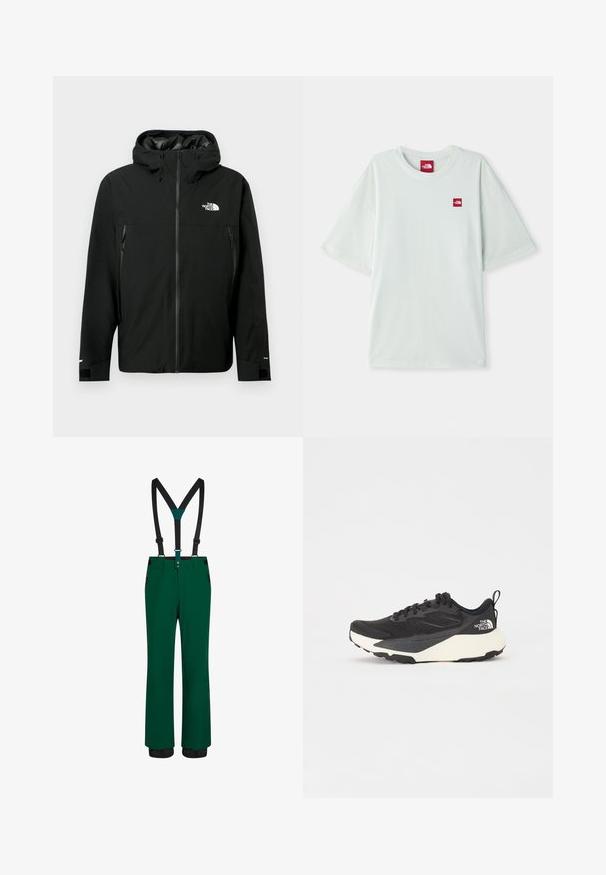 Black hooded jacket with zip front, two zippered side pockets, adjustable cuffs, and a logo on the chest. Smooth texture and waterproof material.; Light green short-sleeve t-shirt made of soft cotton, featuring a small red logo tag on the left chest area. Relaxed fit and round neckline.; Green snow pants with black adjustable suspenders, zippered pockets, a straight cut, and reinforced hems for durability. Smooth texture.; Black athletic shoe with textured mesh upper, solid black accents, and white lightweight outsole. Features lace-up closure and pull tab.