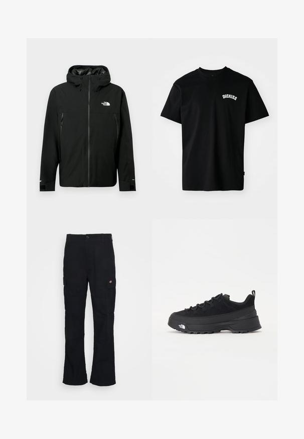 Crna kapuljača jakna s prednim zatvaračem, dva bočna džepa sa zatvaračem, podešavajuće manžete i logo na prsima. Glatka tekstura i vodootporan materijal.; Crna pamučna majica s kratkim rukavima i okruglim izrezom. Ima bijeli zakrivljeni logo "DICKIES" na prsima. Jednostavan dizajn, bez uzoraka.; Crne cargo hlače s ravnim krojem, napravljene od izdržljive tkanine, sa bočnim džepovima i aplikacijom logotipa na lijevoj strani.; Crne vanjske tenisice s gornjim dijelom od antilopa, teksturiranim gumenim potplatom i čvrstim sustavom vezanja. Imaju ojačan petni deo i logo brenda sa strane.