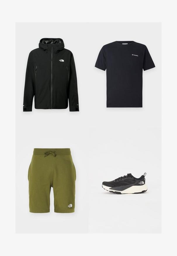 Chaqueta negra con capucha, cierre frontal de cremallera, dos bolsillos laterales con cremallera, puños ajustables y un logo en el pecho. Textura suave y material impermeable.; Camiseta negra de manga corta hecha de algodón, con un pequeño logo blanco de Columbia en la zona izquierda del pecho. Cuello redondo clásico y corte relajado.; Pantalones cortos de algodón verde oliva con bolsillos laterales, cinturilla elástica, cordón ajustable y un logo blanco en la pierna izquierda.; Zapatilla deportiva negra con parte superior de malla texturizada, acentos en negro sólido y suela ligera blanca. Presenta cierre de cordones y tirador.
