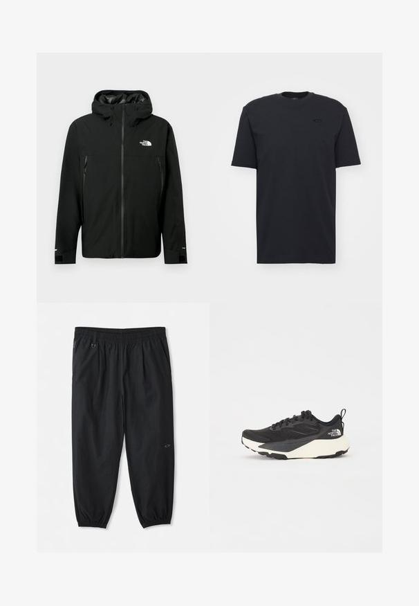 Fekete kapucnis dzseki cipzárral az elején, két cipzáras oldalzsebbel, állítható mandzsettákkal és logóval a mellrészen. Sima textúrájú és vízálló anyagú.; Fekete pamut, rövid ujjú póló, kerek nyakkal, finom logóval a mellrészen és laza fazonnal.; Fekete, laza, gumis derekú nadrág oldalsó zsebekkel, bokánál gumírozott szárakkal és egy apró logóval a jobb combon.; Fekete sportcipő texturált hálós felső résszel, egységes fekete kiegészítőkkel és fehér könnyített talppal. Fűzős záródással és húzóhurokkal rendelkezik.