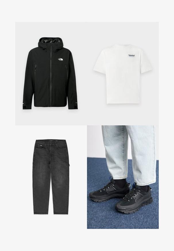 Veste à capuche noire avec fermeture éclair sur le devant, deux poches latérales zippées, poignets réglables et un logo sur la poitrine. Texture lisse et matériau imperméable.; T-shirt en coton blanc avec un logo brodé bleu "Timberland Rugged Active Gear" sur le côté supérieur gauche de la poitrine. Manches courtes et col rond.; Pantalon cargo en denim noir avec une coupe relaxée, des coutures visibles, des poches avant et latérales, et une boucle sur la cuisse pour utilitaire.; Des chaussures de sport noires avec un tissu texturé et des semelles en caoutchouc, dotées de lacets élastiques et d'un accent bleu au talon. Portées avec un pantalon en denim clair.