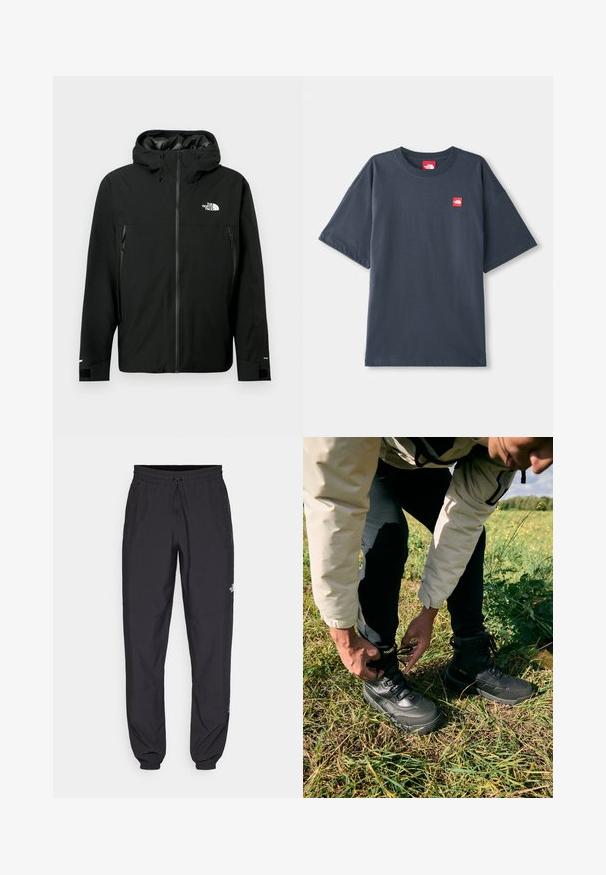 Juodas gobtuvą turintis džemperis su užtrauktuku priekyje, dviem užtrauktukais uždaromomis šoninėmis kišenėmis, reguliuojamais rankogaliais ir logotipu ant krūtinės. Lygi tekstūra ir vandeniui atspari medžiaga.; Tamsiai mėlyna trumpomis rankovėmis marškinėliai, pagaminti iš medvilnės, su raudonu logotipo ženkleliu ant kairiojo krūtinės ir klasikinio apvalaus kaklo iškirptė.; Juodos sportinės kelnės, pagamintos iš lengvos medžiagos, su raišteliu liemens srityje, šoniniais kišenėmis ir siaurėjantys apykaklės prie kulkšnies.; Juodi lauko batai su tekstūruota oda ir guminiu padu. Nešiojantis gniaužia raištelius, stovėdamas ant žolės.