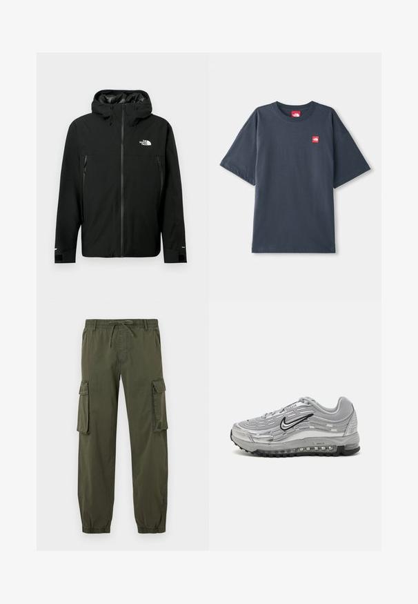 Črna kapuca s prednjim zadrgo, dvema zadrgo stranskima žepoma, nastavljivimi manšetami in logotipom na prsih. Gladka tekstura in vodoodporen material.; Temno mornarsko modra kratka majica iz bombaža z rdečim logotipom na levem prsnem delu in klasičnim okroglim izrezom.; Zelene nabojske hlače iz lahkega materiala. Elastični pas s češnjo, dva stranska žepa in dva nabirka žepa na stegnih.; Sive Nike Air Max športni copati z mrežastim in sintetičnim zgornjim delom, valovitim dizajnom, črnimi detajli in vidno enoto za zračno blazinjenje.