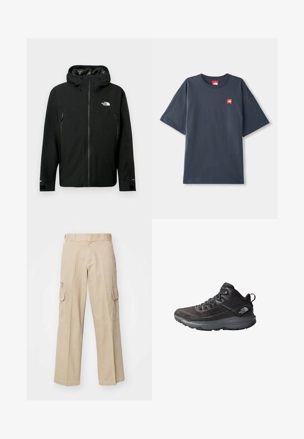 Czarna kurtka z kapturem, z zamkiem z przodu, dwiema zapinanymi na zamek kieszeniami po bokach, regulowanymi mankietami oraz logotypem na piersi. Gładka tekstura i materiał wodoodporny.; Ciemnoniebieska, krótko rękawowa koszulka T-shirt wykonana z bawełny, z czerwonym naszywką logo na lewej piersi i klasycznym okrągłym dekoltem.; Beżowe spodnie cargo o szerokim kroju, z wieloma kieszeniami i kontrastowym przeszyciem. Wykonane z wytrzymałej bawełnianej tkaniny, z paskiem.; Czarne buty trekkingowe z fakturowaną cholewką, wzmocnionym noskiem i szarym outsolem. Charakteryzują się sznurowanym zapięciem i wyściełanym kołnierzem wokół kostki.