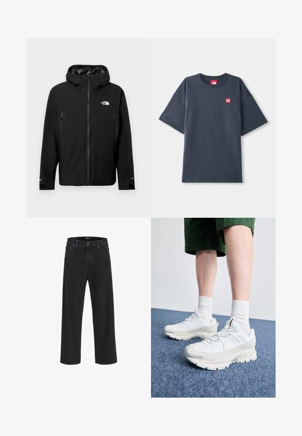 Must mustaga kujaga, millel on ees lukk, kaks lukkudega küljetaskut, reguleeritavad mansetid ja rindkeres logo. Sile tekstuur ja veekindel materjal.; Tumed merevaheline lühikeste varrukatega T-särk, mis on valmistatud puuvillast, vasakul rinnal punase logoga ja klassikalise ümmarguse kaelusega.; Mustad sirgedega teksapüksid, millel on nööp ja lukuga sulgemine, vöökohaga silmad ning ees- ja tagataskud.; Valged sportsijalatsid tekstuursete pealsete, kopsaka tallaga ja hallide aktsentidega. Kanda valgete lühikeste sokkidega ja roheliste lühikeste pükstega sinisel pinnal.