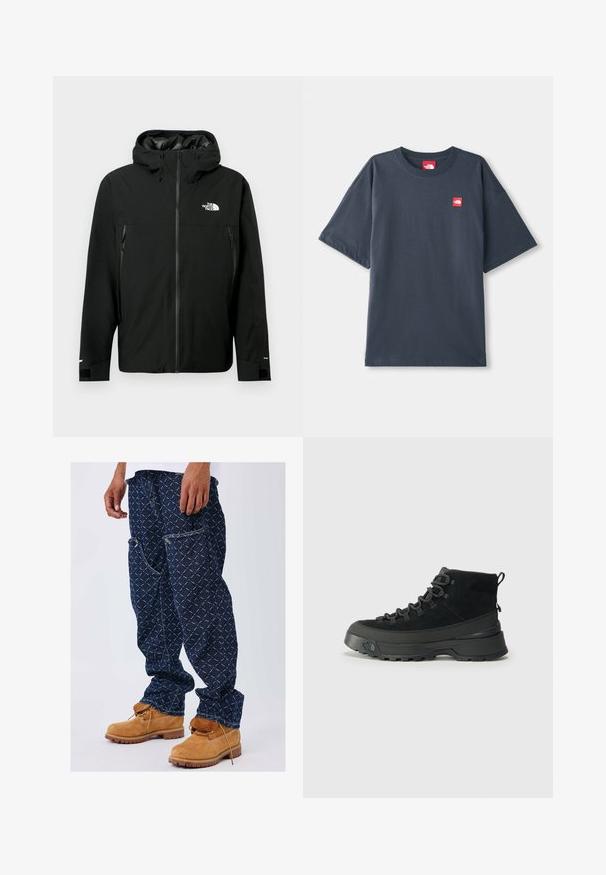 Zwarte hoodie met rits aan de voorkant, twee ritszakken aan de zijkanten, verstelbare manchetten en een logo op de borst. Gladde textuur en waterdicht materiaal.; Donker marineblauw T-shirt met korte mouwen, gemaakt van katoen, met een rood logo-embleem op de linkerborst en een klassieke ronde hals.; Marineblauwe cargobroek met witte stiksels, voorzien van zijzakken en manchetten; gecombineerd met tan geknoopte laarzen.; Zwarte wandelschoen met een bovenwerk van suede, stevige rubberen zool en versterkte ogen voor de veters. Voorzien van een trekband aan de achterkant voor eenvoudig aan- en uittrekken.