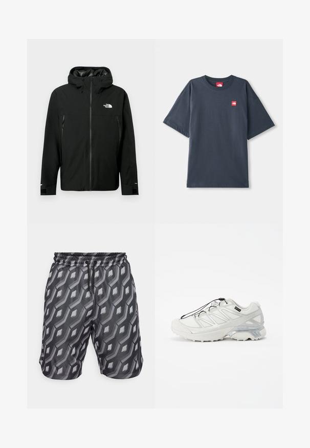 Melna kapuce jaka ar rāvējslēdzēju priekšpusē, divām sānu kabatām ar rāvējslēdzējiem, regulējamiem aproces galiem un logotipu uz krūšu. Gluda tekstūra un ūdensizturīgs materiāls.; Tumši zila īsām piedurknēm T-kreklu, kas izgatavots no kokvilnas, ar sarkanu logo uzšuvumu kreisajā krūtīs un klasisku apaļu kakla izgriezumu.; Melnas bikses ar ģeometrisku pelēku rakstu, elastīga josta ar aukliņu un redzamām sānu kabatām. Izgatavotas no viegla auduma.; Baltijas sporta apavi ar teksturētu sieta augšdaļu, atstarojošiem akcentiem un mīkstu zoli. Iekļauj elastīgas šņorītes un pelēkus akcentus.