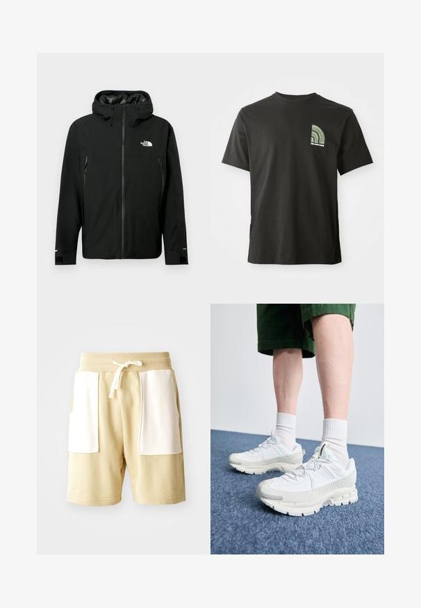 Melna kapuce jaka ar rāvējslēdzēju priekšpusē, divām sānu kabatām ar rāvējslēdzējiem, regulējamiem aproces galiem un logotipu uz krūšu. Gluda tekstūra un ūdensizturīgs materiāls.; Melnā īsajās piedurknēs kreklā ar apaļu kakla izgriezumu, kas kreisajā krūtī rotāts ar nelielu zaļu un baltu ceturtdaļapļa logotipu un tekstu "The North Face".; Beige kokvilnas šorti ar ribotu jostasvīru, baltām akcentu kabatām, ar auklu detaļu un brīvu fit. Gluda auduma tekstūra.; Baltas sporta apavi ar teksturētām detaļām, masīvu zoli un pelēkiem akcentiem. Valkāti ar baltiem zeķu pēdu apģērbiem un zaļām šortiem uz zilas virsmas.
