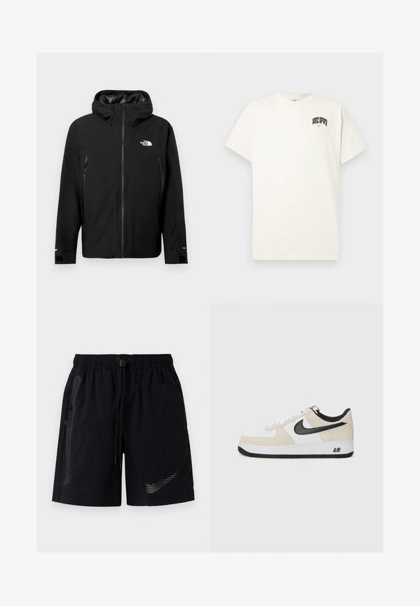 Sort hættetrøje med lynlås fortil, to lynlåslommer på siden, justerbare manchetter og et logo på brystet. Glat tekstur og vandafvisende materiale.; Cremefarvet bomulds t-shirt med korte ærmer, der har "NIKE SB" i sort og rød tekst på brystet. Standard rund halsudskæring.; Sorte atletiske shorts med elastisk talje og snørre. Har sidelommer med lynlås og en perforeret logo detalje nær sømmen.; Sneakers med en lys beige ruskind og hvid læder overdel, sort Nike swoosh, sorte detaljer og en hvid gummisål med "AIR" branding.