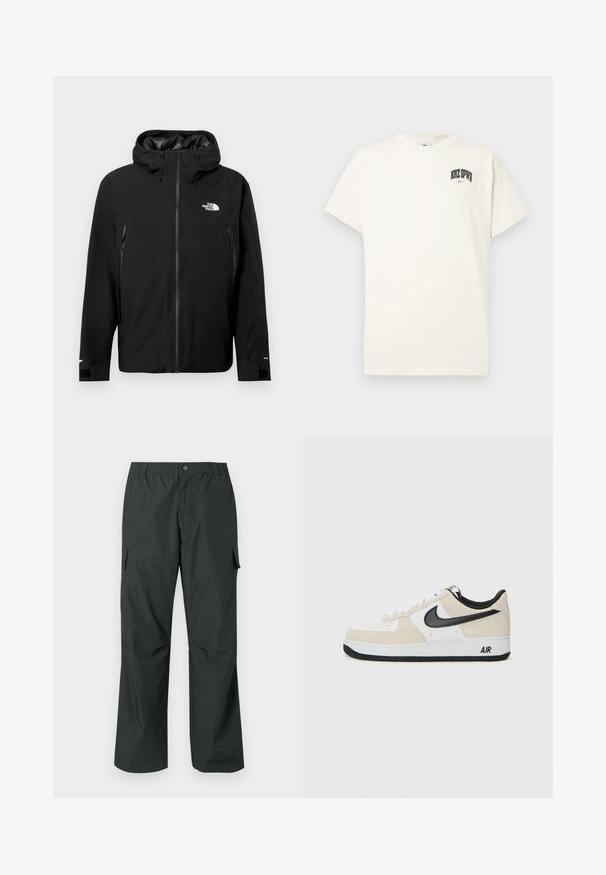 Fekete kapucnis dzseki cipzárral az elején, két cipzáras oldalzsebbel, állítható mandzsettákkal és logóval a mellrészen. Sima textúrájú és vízálló anyagú.; Krém színű pamut póló rövid ujjakkal, fekete és piros "NIKE SB" felirattal a mellkasán. Standard kerek nyakkivágással.; Sötétzöld cargo nadrág, laza szabású, elasztikus derékkal, varrt zsebekkel és sima, könnyű szövettextúrával.; Világos bézs suede és fehér bőr felsőrésszel rendelkező sportcipők, fekete Nike logo, fekete részletek és fehér gumitalp, amelyen "AIR" felirat található.