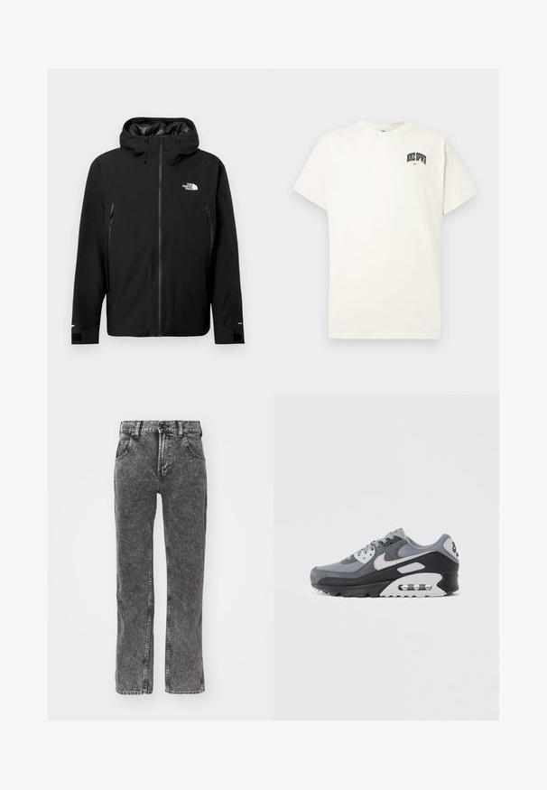 Crna kapuljača jakna s prednim zatvaračem, dva bočna džepa sa zatvaračem, podešavajuće manžete i logo na prsima. Glatka tekstura i vodootporan materijal.; Pamučni majica boje kreme s kratkim rukavima, na prsima ima natpis "NIKE SB" u crnoj i crvenoj boji. Standardni okrugli izrez.; Crne traperice visokog struka s ravnim nogavicama. Izblijedjeli pranje, pet džepova i kontrastni šavovi duž šavova.; Sivi tenis s mješavinom mrežastih i brušenih materijala, s crnim potplatom i vidljivom zračnom jedinicom. Primjetni svijetlosivi detalji i vezice.