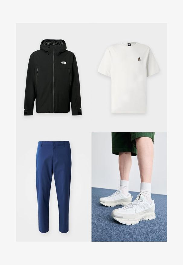 Musta huppari takki, jossa on vetoketju edessä, kaksi vetoketjullista sivutaskua, säädettävät hihansuut ja logo rinnassa. Sileä pinta ja vedenpitävä materiaali.; Valkoinen puuvillainen t-paita, jonka vasemmassa rinnassa on pieni brodeerattu graafinen kuva pullosta. Klassinen pyöreä kaula-auko ja lyhyet hihat.; Tummansinisiä chinoushousuja, joissa on sileä pinta, nappikiinnitys vyötäröllä ja sivutaskut, joissa on hienostunut istuvuus ja lyhyempi pituus.; Valkoiset urheilukengät, joissa on tekstuuriset päällysteet, paksu pohja ja harmaat yksityiskohdat. Yhdistetty valkoisiin putkisukkiin ja vihreisiin shortseihin sinisellä pinnalla.