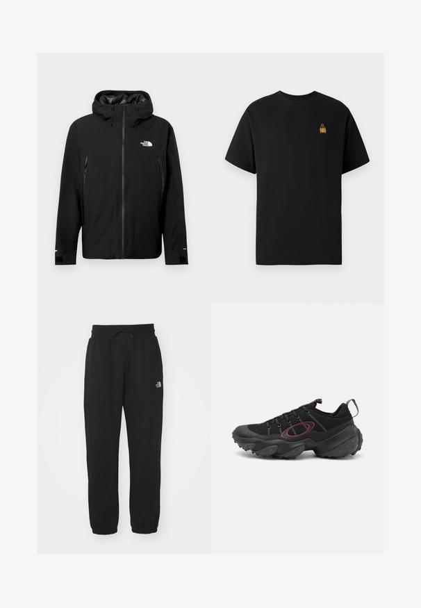 Sort hættetrøje med lynlås fortil, to lynlåslommer på siden, justerbare manchetter og et logo på brystet. Glat tekstur og vandafvisende materiale.; Sort bomulds T-shirt med korte ærmer, rund hals og et lille gult broderet design på venstre brystområde.; Sorte sweatpants lavet af blødt stof, med en elastisk talje med snor, manchetter ved anklerne og et lille logo på det øverste lår.; Sorte atletik sko med en strukturelt mesh-overdel, kontrasterende røde accenter og en kraftig gummisål med afrundede greb.