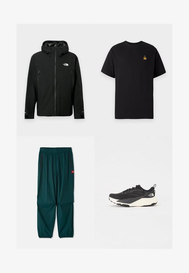 Black hooded jacket with zip front, two zippered side pockets, adjustable cuffs, and a logo on the chest. Smooth texture and waterproof material.; Black cotton t-shirt with short sleeves, crew neck, and a small yellow embroidered design on the left chest area.; Outdoor pants in dark teal, with an elastic waistband, two zippered side pockets, and elastic cuffs at the ankles. Lightweight material.; Black athletic shoe with textured mesh upper, solid black accents, and white lightweight outsole. Features lace-up closure and pull tab.