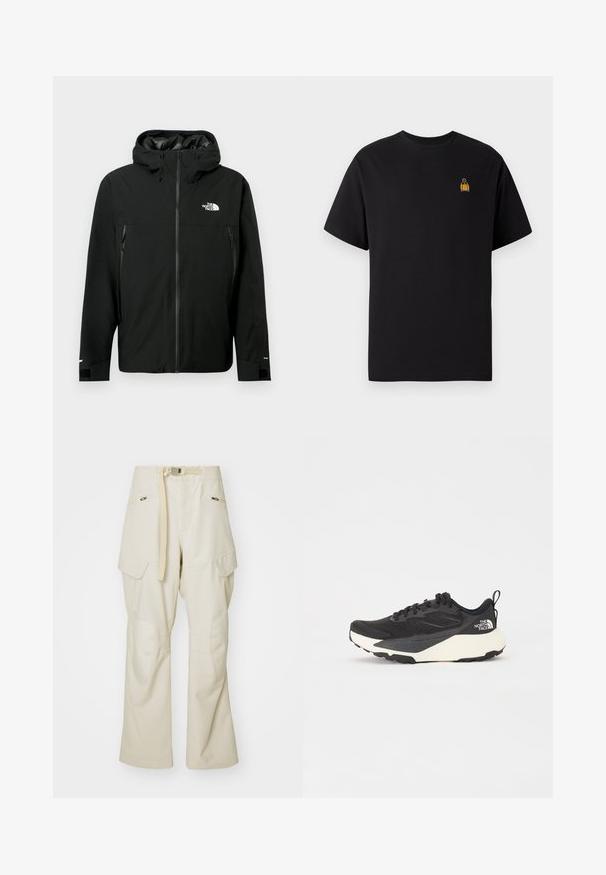 Černá kapucí s zipem vpředu, dvě boční kapsy na zip, nastavitelné manžety a logo na hrudi. Hladký povrch a voděodolný materiál.; Černé bavlněné tričko s krátkým rukávem, kulatým výstřihem a malým žlutým vyšitým designem na levé části hrudi.; Béžové cargo kalhoty s širokými nohavicemi, páskem v pase, dvěma bočními kapsami a kolenními záplatami. Hladká textura s vyztuženými švy.; Černá sportovní bota s texturovaným síťovaným svrškem, solidními černými akcenty a bílou lehkou podrážkou. Vybavena šněrováním a poutkem.