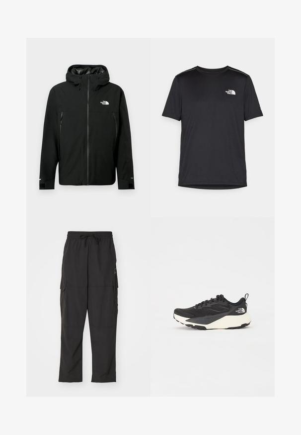 Schwarze Kapuzenjacke mit Reißverschluss vorne, zwei seitlichen Reißverschlusstaschen, verstellbaren Bündchen und einem Logo auf der Brust. Glatte Textur und wasserdichtes Material.; Schwarzes T-Shirt mit kurzen Ärmeln aus leichtem Stoff. Mit einem kleinen weißen Logo auf der linken Brust und dezenten Akzenten an den Schultern.; Schwarze Cargo-Hosen mit elastischem Bund und Kordelzug. Sie verfügen über zwei Seitentaschen und ein glattes, leichtes Gewebe.; Schwarzer Sportschuh mit strukturiertem Mesh-Obermaterial, komplett schwarzen Akzenten und leichter weißer Laufsohle. Verfügt über eine Schnürung und eine Zuglasche.