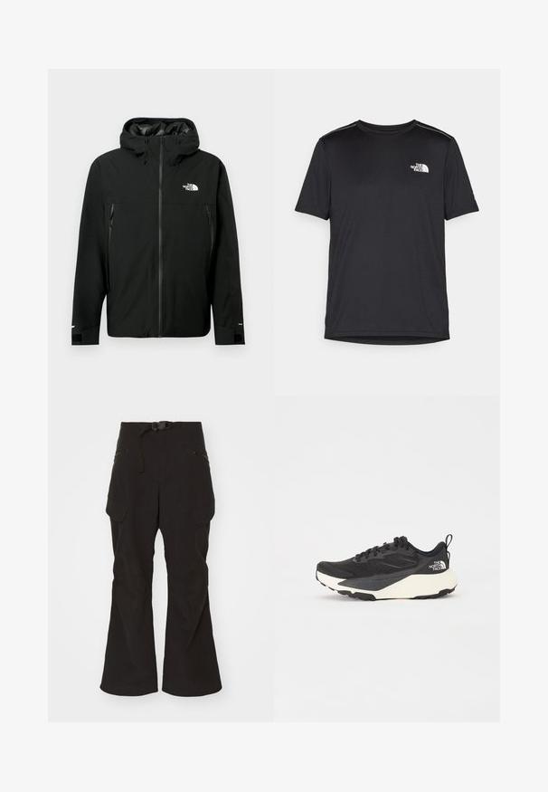 Melna kapuce jaka ar rāvējslēdzēju priekšpusē, divām sānu kabatām ar rāvējslēdzējiem, regulējamiem aproces galiem un logotipu uz krūšu. Gluda tekstūra un ūdensizturīgs materiāls.; Melnas īsām piedurknēm T-kreklas, izgatavots no viegla auduma. Uz kreisā krūtīm ir neliels balts logo un smalki plecu akcenti.; Melni cargo bikses ar pieguļošu jostasvietu, regulējamu jostu un vairākiem rāvējslēdzēja un atlokāmiem kabatām. Iekļautas nostiprinātas ceļu plāksnes.; Melna sporta kurpe ar teksturētu acs augšdaļu, cietiem melniem akcentiem un balto vieglo zoli. Iekļauj šņorēšanas aizdari un vilkšanas cilpu.