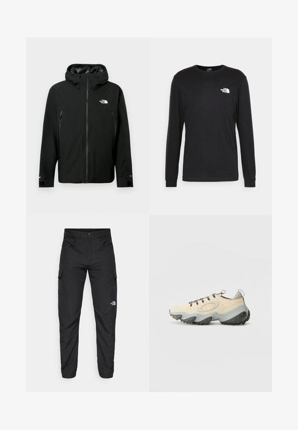 Giacca nera con cappuccio, chiusura con zip frontale, due tasche laterali con zip, polsini regolabili e logo sul petto. Tessuto liscio e materiale impermeabile.; T-shirt a maniche lunghe nera in cotone, con un logo bianco sul lato sinistro del petto e polsini a costine. Texture liscia con scollatura a girocollo.; The North Face HORIZON PANT - Pantaloni outdoor - black; Scarpe da ginnastica beige con superiori in rete testurizzata, suola in gomma grigia, design curvo prominente e lacci grigi. Presentano una linguetta sul tallone.