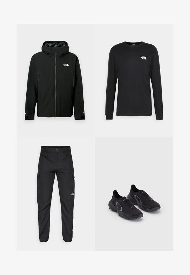Black hooded jacket with zip front, two zippered side pockets, adjustable cuffs, and a logo on the chest. Smooth texture and waterproof material.; Black long-sleeve t-shirt made of cotton, featuring a white logo on the left chest and ribbed cuffs. Smooth texture with a crew neckline.; The North Face HORIZON PANT - Outdoor trousers - black; Black slip-on sneakers with a textured upper and rubber sole. Features a grey circular accent and elastic band across the instep for fit.