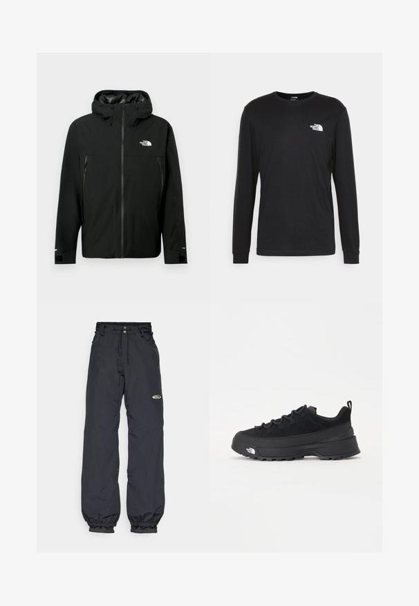 Casaco preto com capuz, com fecho zip frontal, dois bolsos laterais com fecho zip, punhos ajustáveis e um logótipo no peito. Textura suave e material à prova de água.; Camisola de manga longa preta feita de algodão, com um logo branco no lado esquerdo do peito e punhos canelados. Textura suave com decote redondo.; Calças impermeáveis pretas com uma cintura ajustável, punhos elásticos e um pequeno logótipo na coxa; tecido leve.; Sapatilha de exterior preta com parte superior em camurça, sola de borracha texturizada e sistema de atacadores robusto. Apresenta um calcanhar reforçado e o logótipo da marca na lateral.