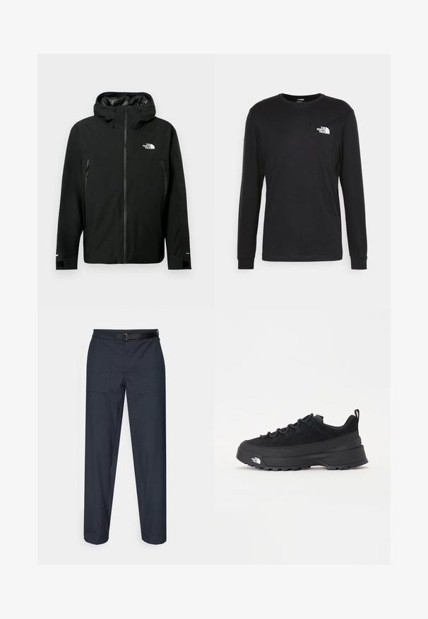 Czarna kurtka z kapturem, z zamkiem z przodu, dwiema zapinanymi na zamek kieszeniami po bokach, regulowanymi mankietami oraz logotypem na piersi. Gładka tekstura i materiał wodoodporny.; Czarny longsleeve t-shirt wykonany z bawełny, z białym logo na lewej piersi i ściągaczami przy nadgarstkach. Gładka faktura z okrągłym dekoltem.; Ciemnoniebieskie spodnie o prostym kroju, z dwoma przednimi kieszeniami, czarnym regulowanym paskiem oraz gładką fakturą.; Czarne sneakersy outdoorowe z zamszowym wierzchem, teksturowaną gumową podeszwą i solidnym systemem sznurowania. Posiadają wzmocnioną piętę oraz logo marki na boku.