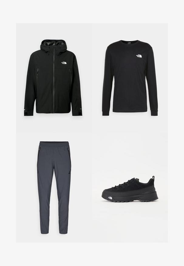 Black hooded jacket with zip front, two zippered side pockets, adjustable cuffs, and a logo on the chest. Smooth texture and waterproof material.; Black long-sleeve t-shirt made of cotton, featuring a white logo on the left chest and ribbed cuffs. Smooth texture with a crew neckline.; Gray athletic pants with an elastic waistband, zippered side pockets, and a logo detail on the left thigh. Made of lightweight fabric.; Black outdoor sneaker with a suede upper, textured rubber sole, and sturdy lacing system. Features a reinforced heel and brand logo on the side.