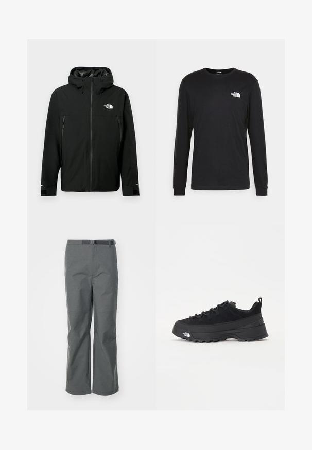 Svart huva jacka med dragkedja framtill, två dragkedjefickor på sidorna, justerbara ärmar och en logotyp på bröstet. Slät textur och vattentätt material.; Svart långärmad t-shirt i bomull med en vit logotyp på vänster bröst och ribbade ärmslut. Slät textur med rundad halsringning.; Grå utomhusbyxor i slitstarkt tyg, med rak benform, justerbart bälte och sömdetaljer för ökad struktur.; Svart utomhussko med ovandel i mocka, texturerad gummisula och robust snörningssystem. Har en förstärkt häl och varumärkeslogotyp på sidan.