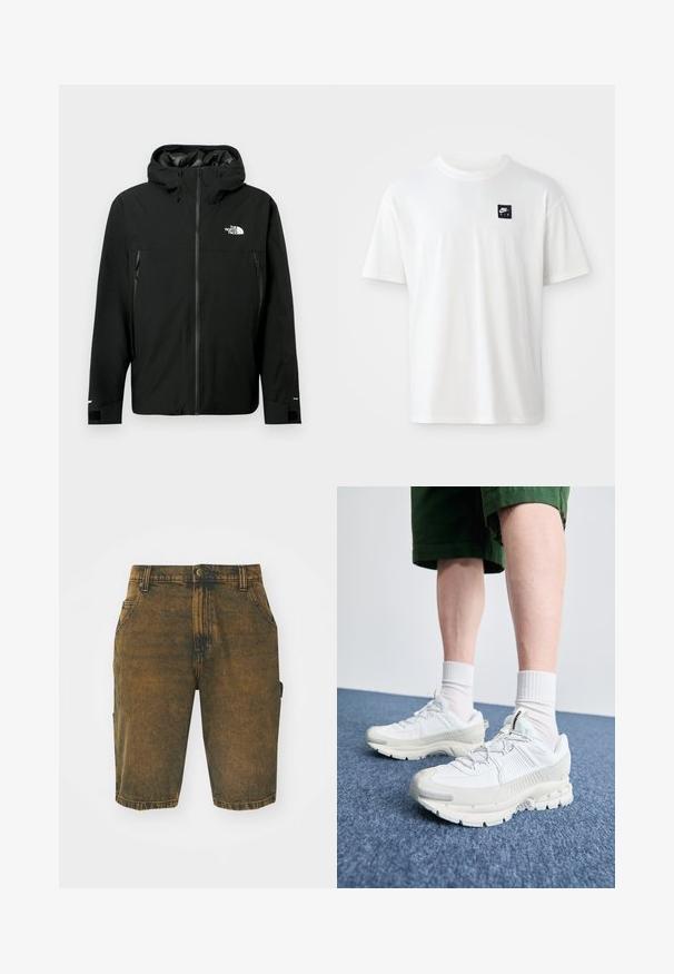 Juodas gobtuvą turintis džemperis su užtrauktuku priekyje, dviem užtrauktukais uždaromomis šoninėmis kišenėmis, reguliuojamais rankogaliais ir logotipu ant krūtinės. Lygi tekstūra ir vandeniui atspari medžiaga.; Balta medvilnės marškinėliai su trumpomis rankovėmis ir apvalia iškirpte; ant kairiojo krūtinės puikuojasi mažas juodas stačiakampis "Nike Air" logotipas.; Džinsiniai šortai išbleškusių rudos spalvos su šiek tiek nusidėvėjusiu paviršiumi. Yra kilpos diržui, priekiniai kišenės ir šoninė cargo kišenė.; Baltos sportinės bateliai su tekstūruotais uždengimais, masyviu padu ir pilkais akcentais. Dėvimi su baltais trumpais kojiniais ir žaliais šortais mėlyname paviršiuje.