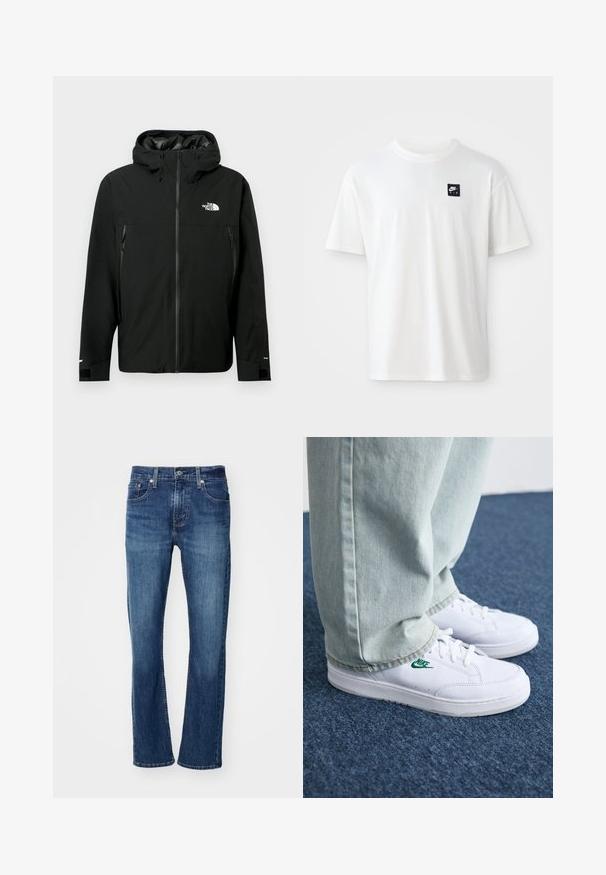 Svart huva jacka med dragkedja framtill, två dragkedjefickor på sidorna, justerbara ärmar och en logotyp på bröstet. Slät textur och vattentätt material.; Vit bomulls t-shirt med kort ärm och rundad halsringning; har en liten svart rektangulär Nike Air-logotyp på vänster bröst.; Levi's® 502 TAPER - Jeans Tapered Fit - records on; Vita lädersneakers med grön Nike-logga, rund tå, platt sula, kombinerade med ljusblå denimbyxor, visade på en blå matta.