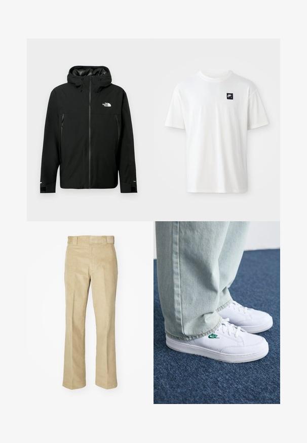 Black hooded jacket with zip front, two zippered side pockets, adjustable cuffs, and a logo on the chest. Smooth texture and waterproof material.; White cotton t-shirt with short sleeves and a crew neck; features a small black rectangular Nike Air logo on the left chest.; Dickies FLAT FRONT PANT - Trousers - khaki; White leather sneakers with green Nike logo, round toe, flat sole, paired with light blue denim pants, shown on a blue carpet.