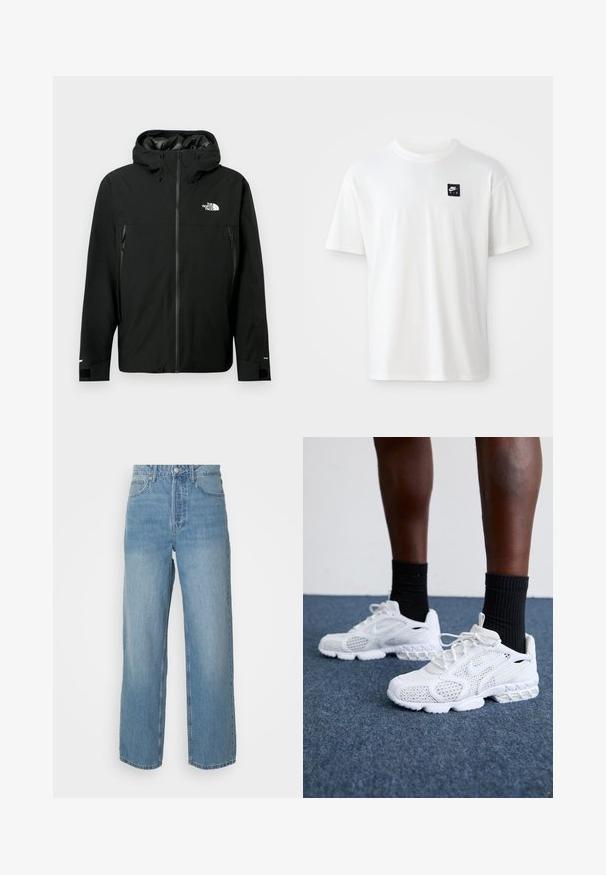 Zwarte hoodie met rits aan de voorkant, twee ritszakken aan de zijkanten, verstelbare manchetten en een logo op de borst. Gladde textuur en waterdicht materiaal.; Witte katoenen t-shirt met korte mouwen en een ronde hals; heeft een klein zwart rechthoekig Nike Air logo op de linkerkant van de borst.; Hoge taille lichtblauwe denim jeans met rechte pijpen, sluiting met een knoop aan de voorkant en vijf zakken, op een effen achtergrond.; Witte sportieve schoenen met een bovenkant van mesh, gemêleerde accenten en een gevoerde zool. Samengesteld met zwarte geribde enkelsokken op een blauwe tapijtvloer.