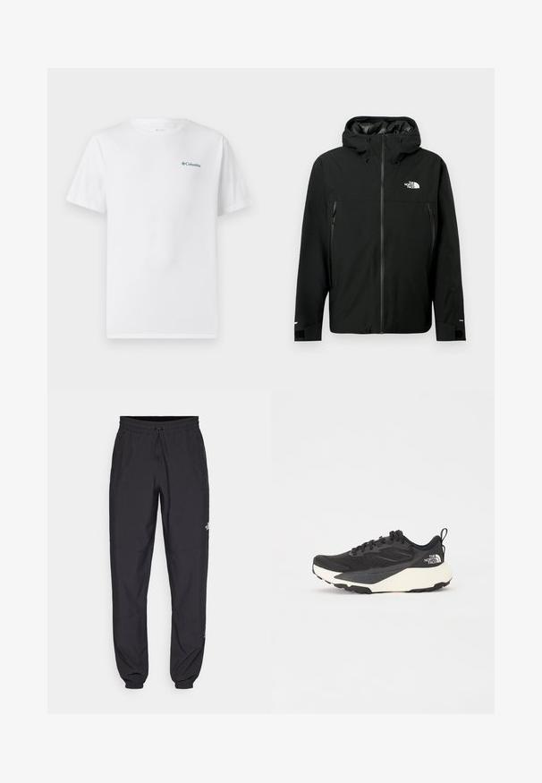 Must mustaga kujaga, millel on ees lukk, kaks lukkudega küljetaskut, reguleeritavad mansetid ja rindkeres logo. Sile tekstuur ja veekindel materjal.; Valge puuvillane T-särk lühikeste varrukatega ja ümmarguse kaelusega. Esiküljel on vasakul rinnal väike sinine Columbia logo. Lihtne disain.; Mustavad sportlikud püksid, mis on valmistatud kergest kangast, joonlauaga taljest, küljetaskudega ja kitsenevate varrukatega pahkluude juures.; Must have musta sportlik king, millel on tekstureeritud võrgu ülemine osa, soliidne mustade aktsentidega ja kerge valge tallaga. Omab kinnituspaelu ja tõmbeaset.