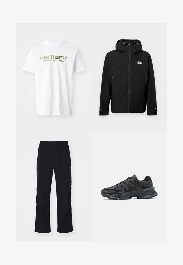 Veste à capuche noire avec fermeture éclair sur le devant, deux poches latérales zippées, poignets réglables et un logo sur la poitrine. Texture lisse et matériau imperméable.; T-shirt en coton blanc avec le texte imprimé vert "carhartt. WORK IN PROGRESS" sur la poitrine. Manches courtes et design classique à col rond.; Pantalons cargo noirs en matériau léger, dotés d'une taille élastique, de poches latérales et d'une coupe droite.; Chaussure de course noire mettant en avant un mélange de mesh et de matériaux synthétiques, avec une semelle épaisse, un design arrondi et un logo bien visible sur le côté.