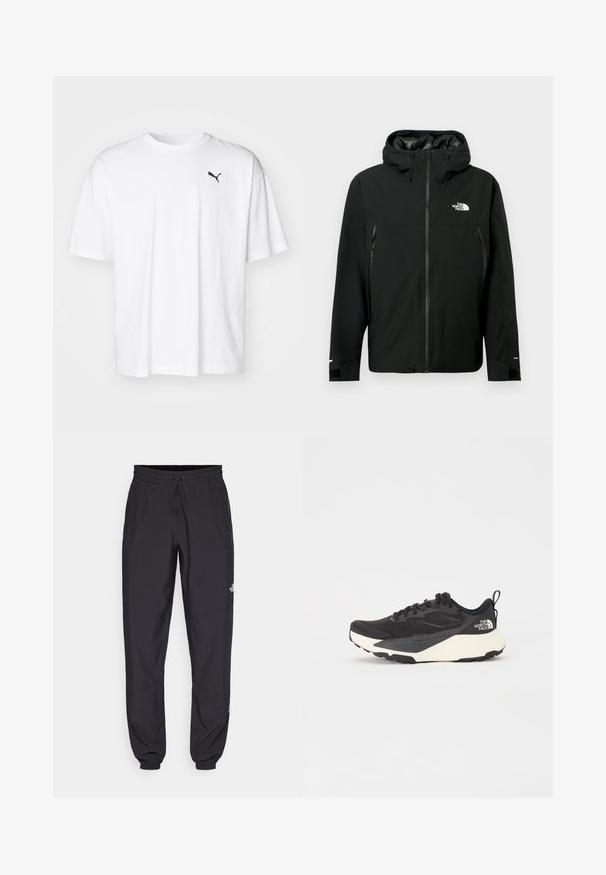 Musta huppari takki, jossa on vetoketju edessä, kaksi vetoketjullista sivutaskua, säädettävät hihansuut ja logo rinnassa. Sileä pinta ja vedenpitävä materiaali.; Valkoinen puuvillainen t-paita, jossa on pyöreä kaula-aukko ja lyhyet hihat. Vasemmassa rinnassa pieni musta Puma-logo. Pehmeä rakenne.; Mustat urheiluhousut, jotka on valmistettu kevyestä kankaasta. Housuissa on naru vyötäröllä, sivutaskut ja kapenevat hihnat nilkoissa.; Musta urheilujuoksukenkä, jossa on teksturoitu verkkomateriaali, kiinteät mustat yksityiskohdat ja valkoinen kevyt ulkopohja. Varustettu nauhakiinnityksellä ja vetonipulla.