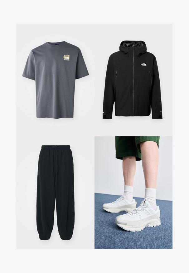 Melna kapuce jaka ar rāvējslēdzēju priekšpusē, divām sānu kabatām ar rāvējslēdzējiem, regulējamiem aproces galiem un logotipu uz krūšu. Gluda tekstūra un ūdensizturīgs materiāls.; Pelēks īsais krekls ar īsām piedurknēm, izgatavots no kokvilnas, ar mazu ziedu grafiku krūtīm. Apaļa kakla dizains, mīksta tekstūra un brīva piegriezuma.; Melnas sporta bikses ar elastīgu jostasvietu, brīvu piegriezumu, aprocēm ap potītēm, gludu tekstūru, un bez redzamām rakstu vai aparatūras akcentiem.; Baltas sporta apavi ar teksturētām detaļām, masīvu zoli un pelēkiem akcentiem. Valkāti ar baltiem zeķu pēdu apģērbiem un zaļām šortiem uz zilas virsmas.