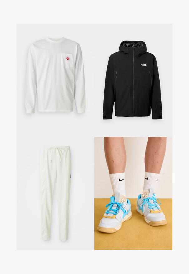 Casaco preto com capuz, com fecho zip frontal, dois bolsos laterais com fecho zip, punhos ajustáveis e um logótipo no peito. Textura suave e material à prova de água.; T-shirt branca de manga longa, feita de algodão, com um bolso no lado esquerdo do peito decorado com um patch de coração vermelho. Gola arredondada clássica e punhos canelados.; Calças jogger slim-fit brancas com cintura elástica e cordão, apresentando detalhes nas costuras laterais e um pequeno patch preto na perna direita.; Tênis azul claro com solas em tom areia, apresentando cadarços turquesa proeminentes e detalhes em amarelo. Materiais texturizados e amortecimento de ar visível.
