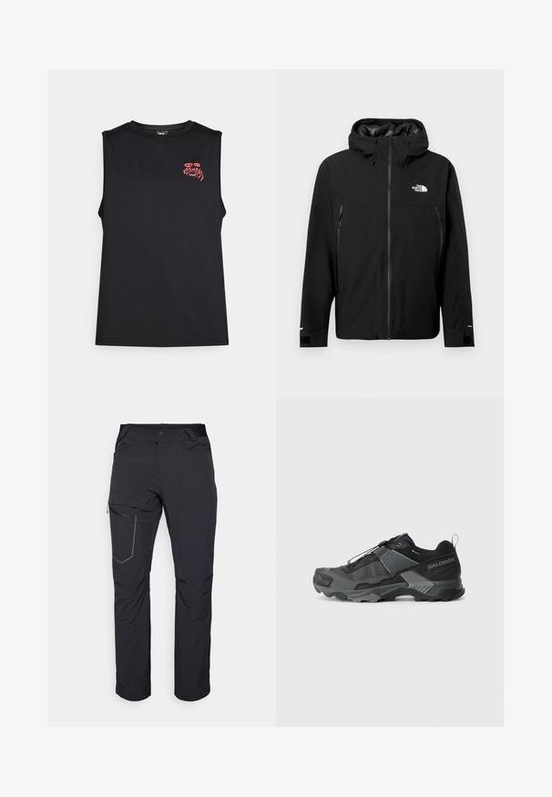 Giacca nera con cappuccio, chiusura con zip frontale, due tasche laterali con zip, polsini regolabili e logo sul petto. Tessuto liscio e materiale impermeabile.; Canotta nera senza maniche con testo stilizzato "Karma" in rosso e grafica di occhi astratti sul lato sinistro superiore del petto.; Pantaloni neri da esterno con tasca a zip sulla coscia, cintura elastica e tessuto liscio, resistente all'acqua. Design pulito senza loghi visibili.; Scarpa da trail running nera con tomaia in mesh resistente, puntale rinforzato, suola in gomma testurizzata e sistema di lacci elastici per una calzata sicura.