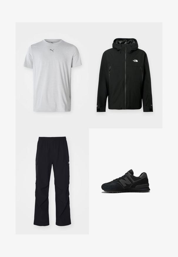 Schwarze Kapuzenjacke mit Reißverschluss vorne, zwei seitlichen Reißverschlusstaschen, verstellbaren Bündchen und einem Logo auf der Brust. Glatte Textur und wasserdichtes Material.; Hellgraues Sport-T-Shirt aus weichem Material. Mit kurzen Ärmeln und rundem Ausschnitt, versehen mit einem kleinen schwarzen Puma-Logo auf der Brust.; Schwarze Cargo-Hosen aus leichtem Material, mit einem Elastikbund, seitlichen Taschen und einem geraden Beinschnitt.; Schwarzer Sneaker mit einem Obermaterial aus Wildleder und Mesh, dicker Sohle und auffälligem 'N'-Logo an der Seite. Strukturiertes Design mit Schnürverschluss.